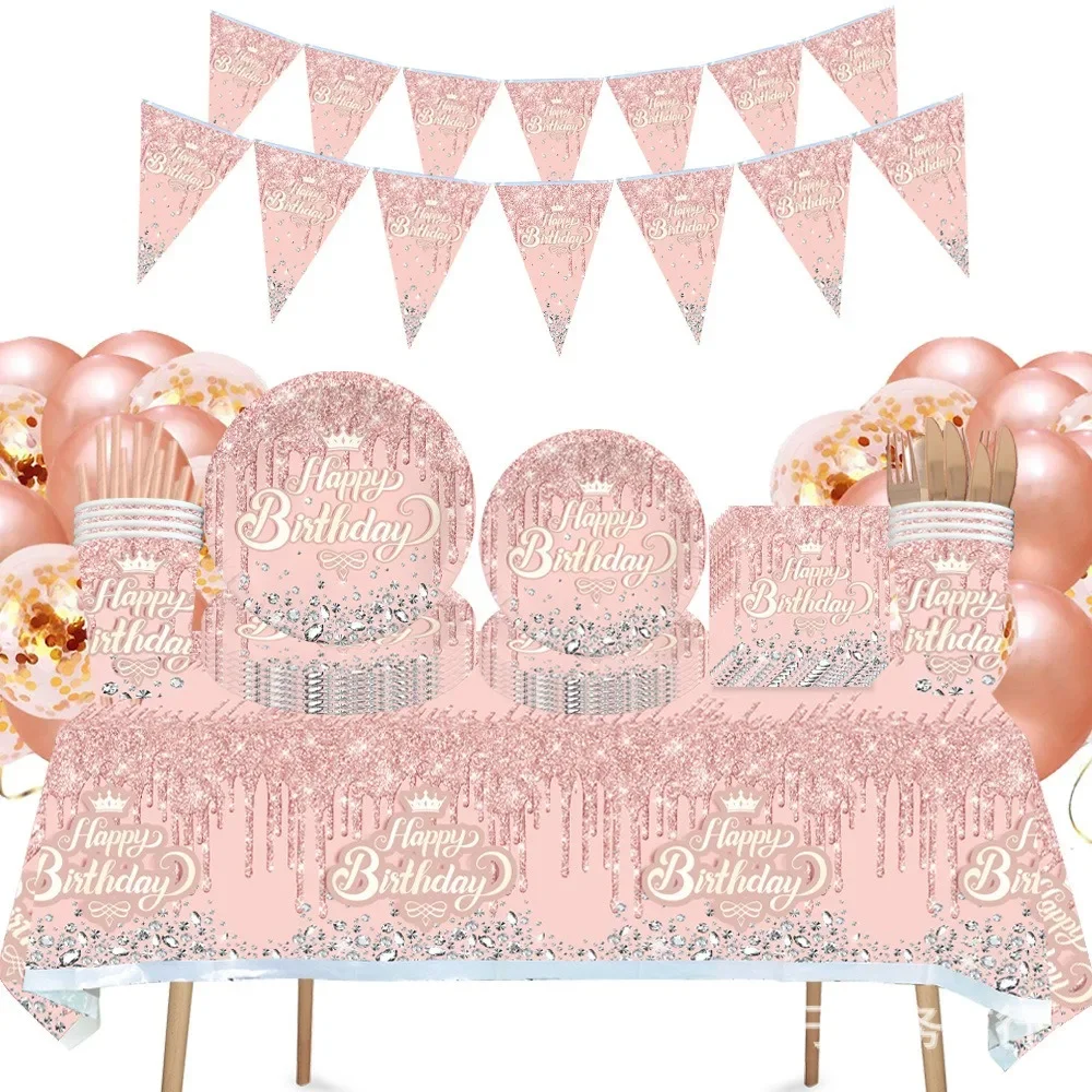 Creative Rose Gold Table Cover Crown Happy Birthday Disposable Plates Cups Napkin Pink Girl Princess Happy Birthday Party Decor