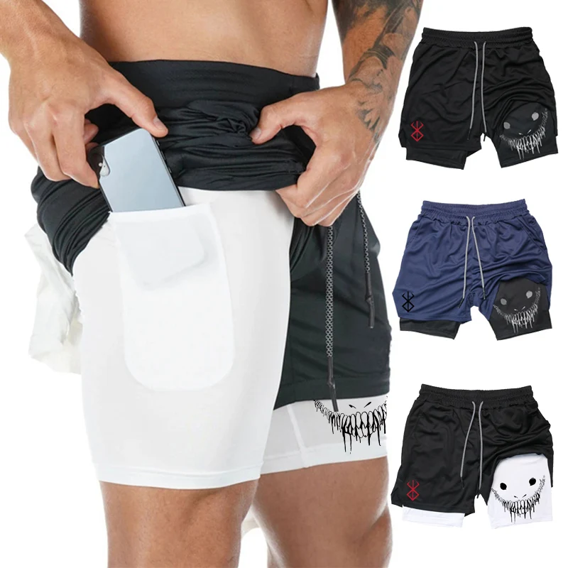 Mens 2 in 1 Running Shorts Print Performance Shorts Gym Workout Quick Dry Athletic Shorts with Phone Pockets and Towel Loop