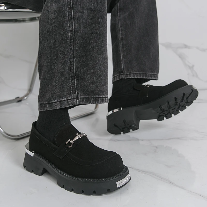 عالية الجودة الرجال الجلد المدبوغ منصة أحذية من الجلد Nubuck جلد الأعمال الرسمية المتسكعون الفم الضحلة العلامة التجارية الخف أحذية الزفاف #5