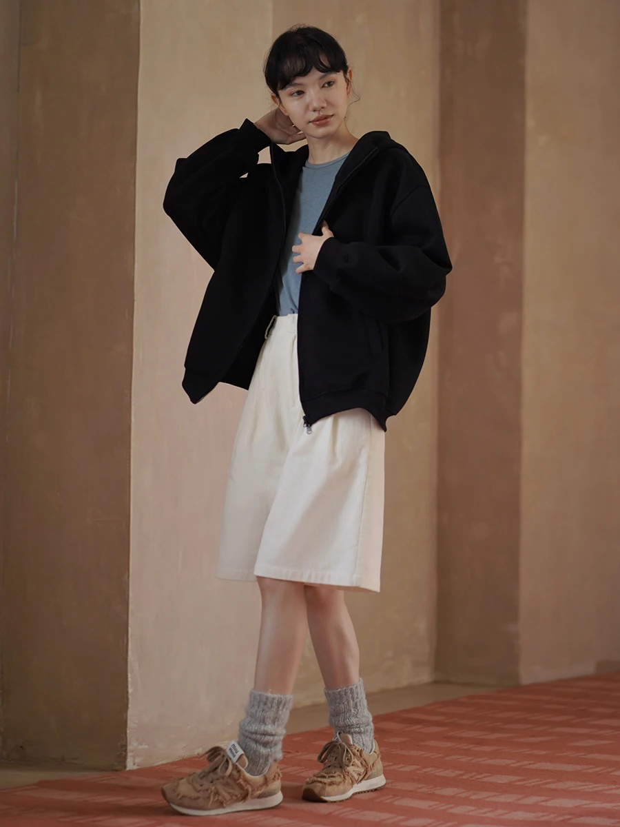 Hacikis Miss Street Style Cool Hoodie Skin-friendly Loose Casual Windproof Outerwear Long Sleeve Zipper Closure  Color