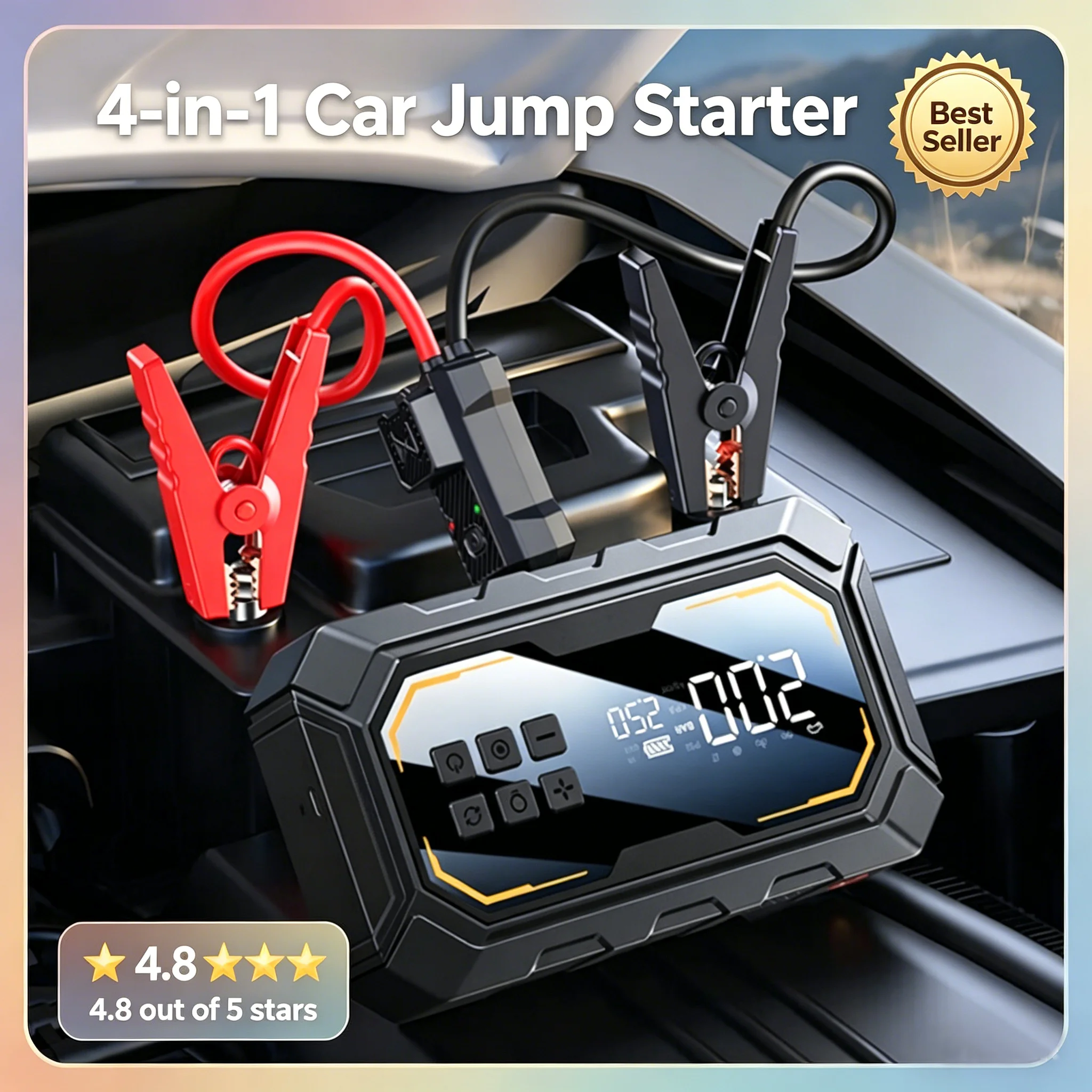 

4 In 1 Portable Car Jump Starter 12V Car Battery Starter Led Lighting Air Compressor Tire Pump Power Bank Car Battery Charger