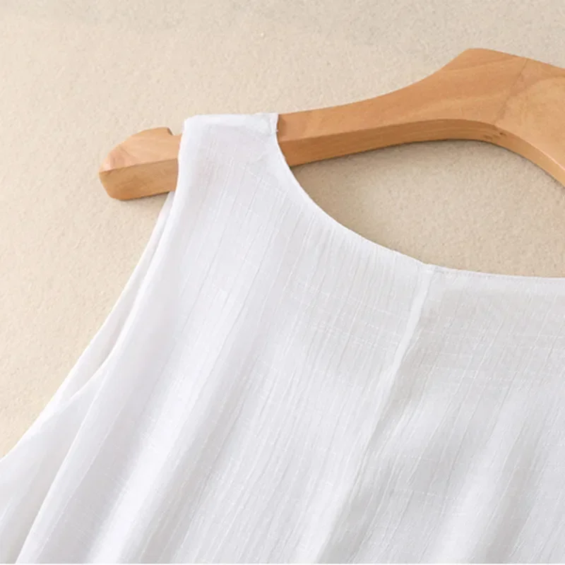 Vestido midi sexy de camada dupla com gola redonda, sem mangas, algodão, linho, linha A, fino, sexy, vintage # 6513 Vestido regata branco de verão