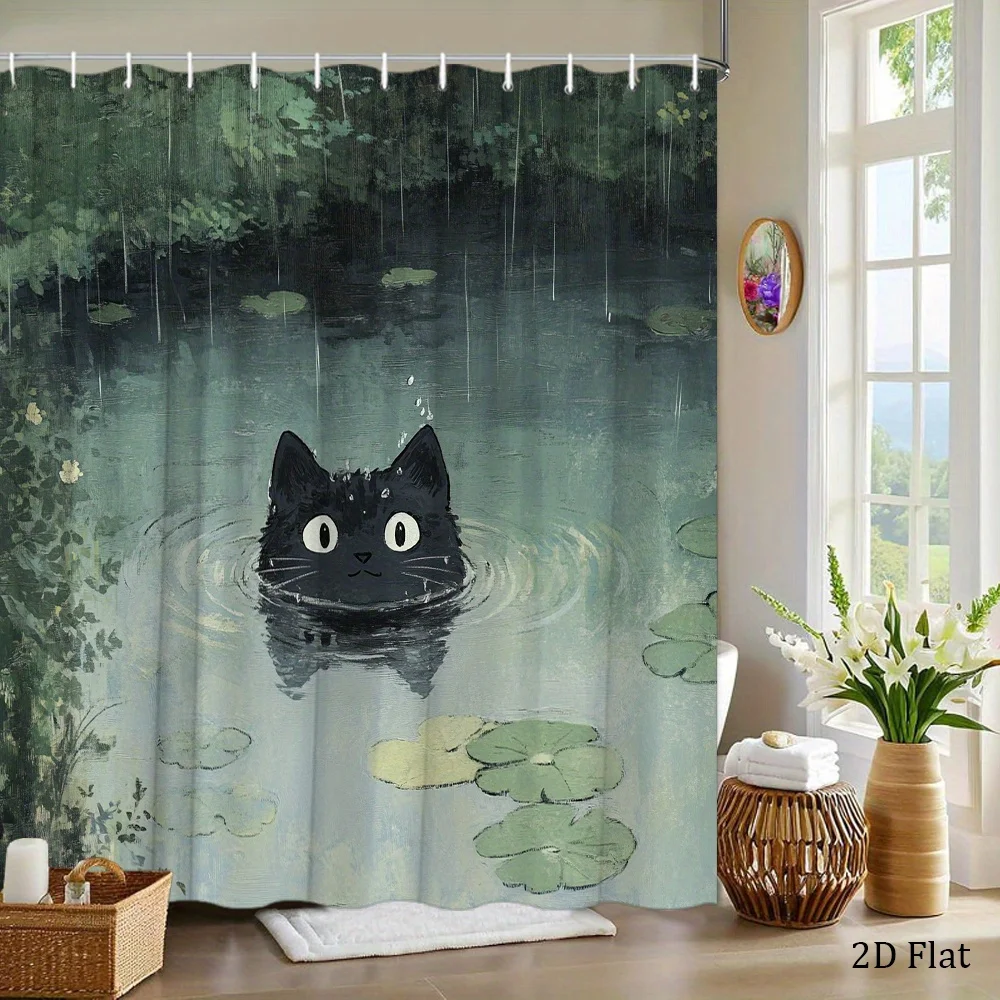 1pc a Shower Curtain Featuring an Adorable Black Cat Swimming in a Tranquil Pond Surrounded by Lily Pads And Soft, Rain-Drenched