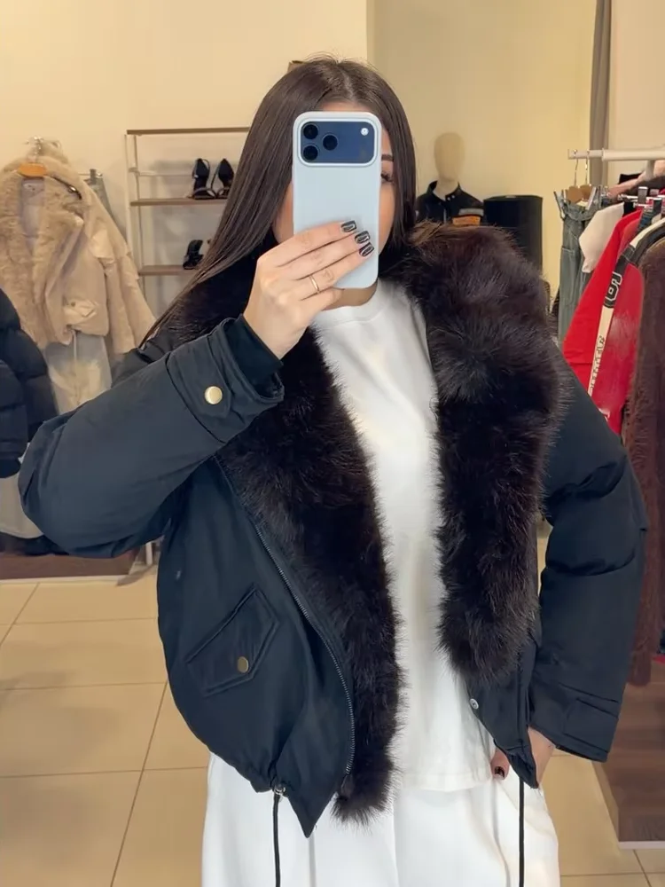 Women Faux Fur Collar Asymmetric Zip Drawstring Jacket Edgy Long Sleeve Pocket Outerwear Lady Autumn Winter Street Chic Y2k Coat