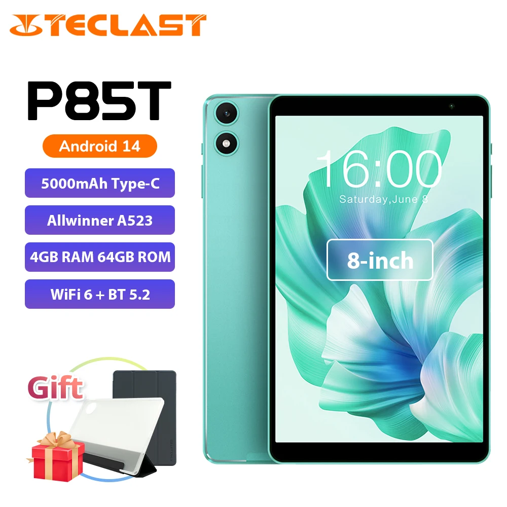 

Планшет Teclast P85T, 8 дюймов, Allwinner A523, 8 ядер, 4 ГБ ОЗУ, 64 ГБ ПЗУ, Android 14 WIFI6 BT5.2, 5000 мАч, тип-C, 0,3 МП + 2,0 МП