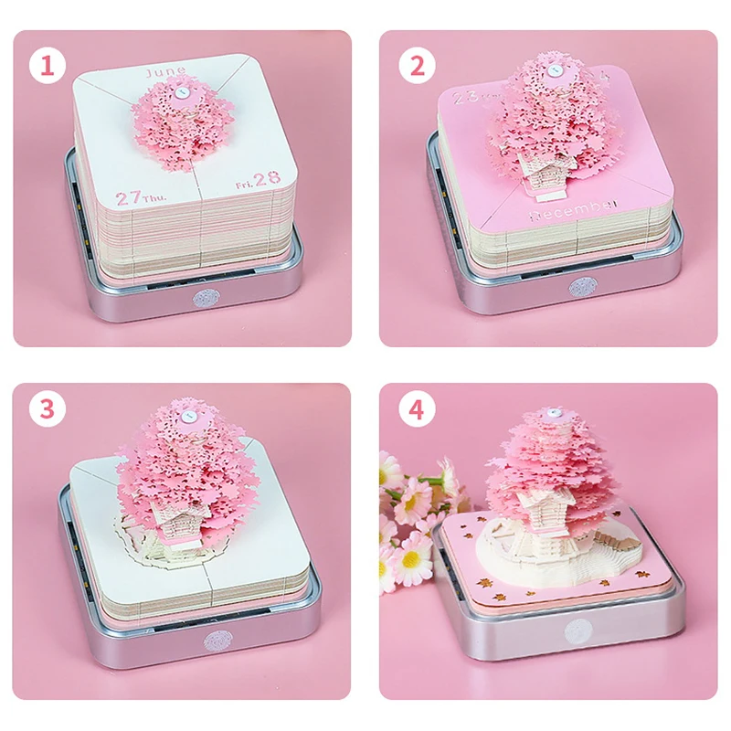 Time Piece Calendar 2026 Desk Calendar With LED Light 3D Tear-away Calendar Paper Carving Art Memo Pad Notepad Gift Christmas