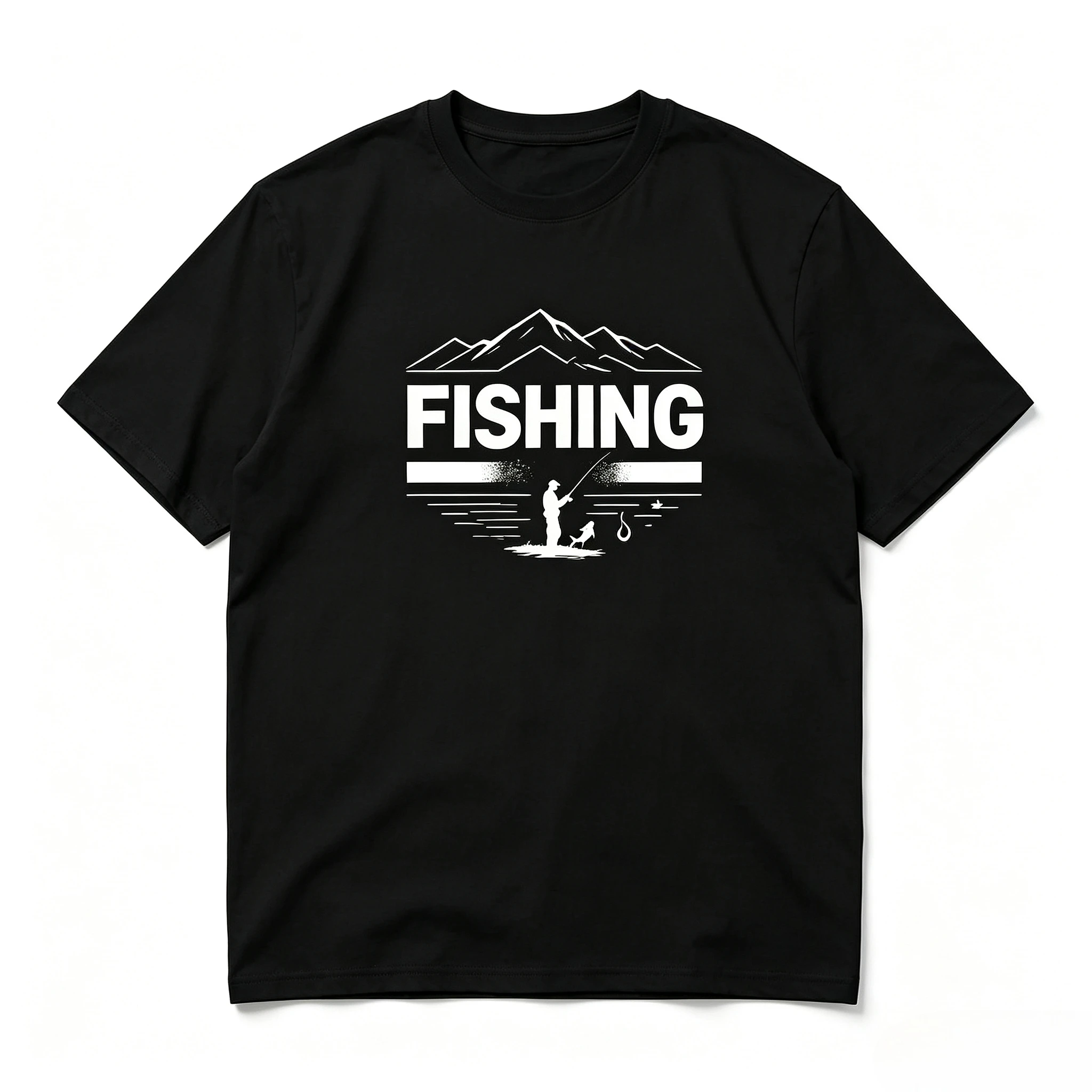 Outdoor Sports Fishing Graphic T‑Shirt Men Mountain Lake Fisherman Silhouette Print Loose‑Fit Short Sleeve Casual Tops