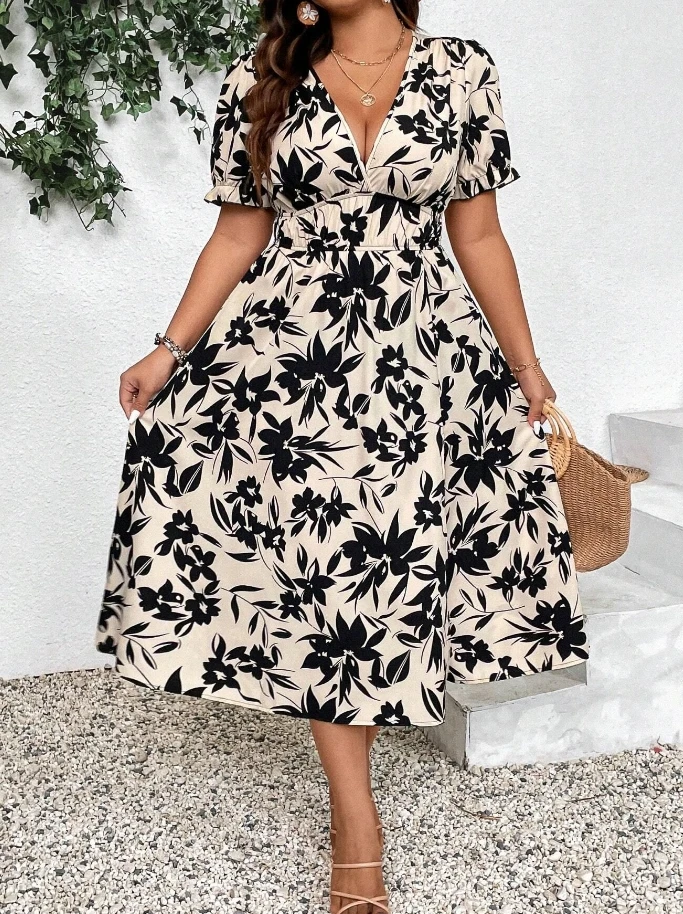 

V-Shaped Collar Printed High Waisted Medium Length Skirt for Women 2024 Summer Short Sleeved Elegant Sexy Style A-Line Dresses