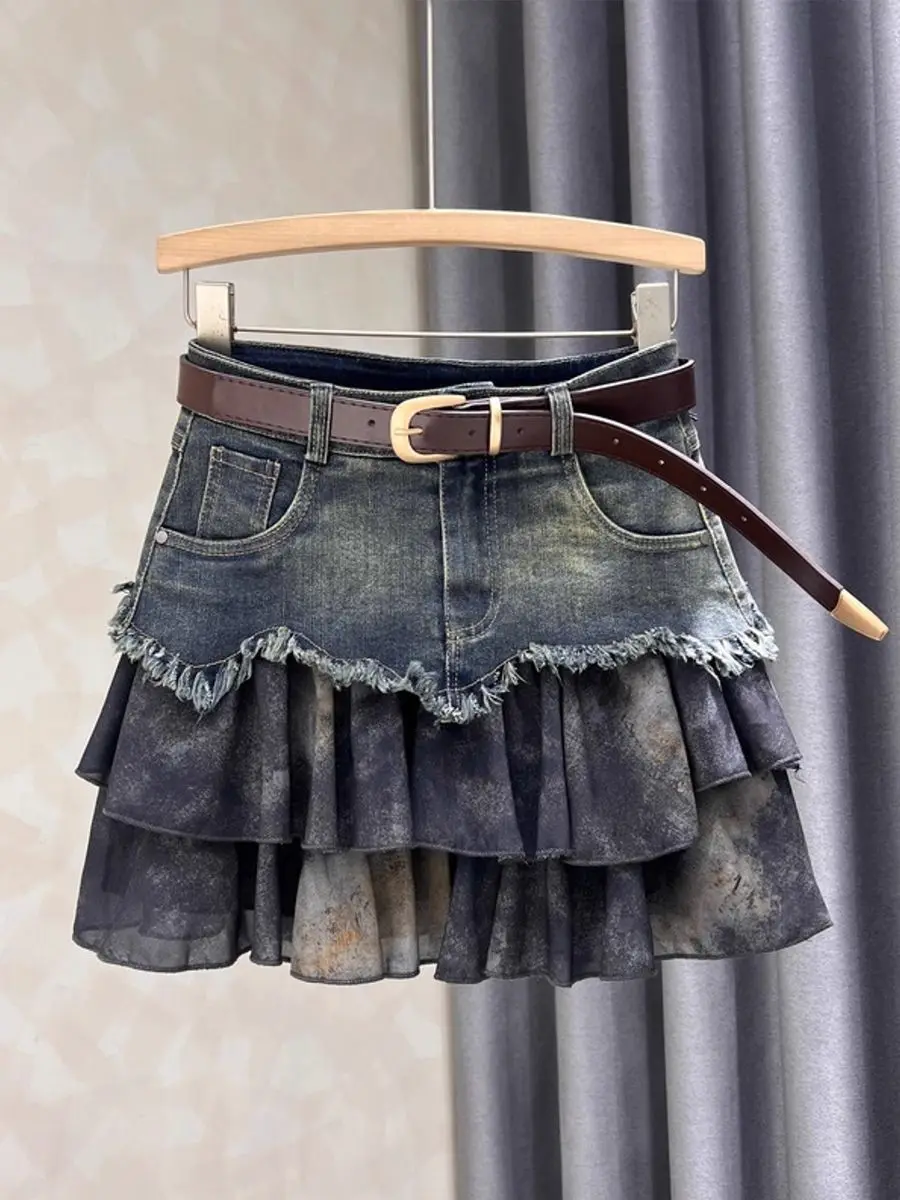 

Blue Female Jeans Skirts High Waist Splicing Coquette Women's Denim Skirt Korean Style Clothing Trend 2025 Quality A Line Summer