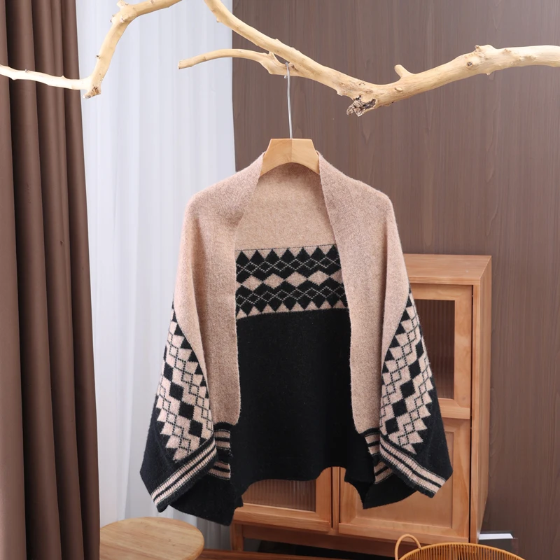 Autumn Winter Women Shawl 100% Pure Wool New Scarf Air Conditioning Shawl Loose Knitted Cape Diamond Color Block Warm Cape