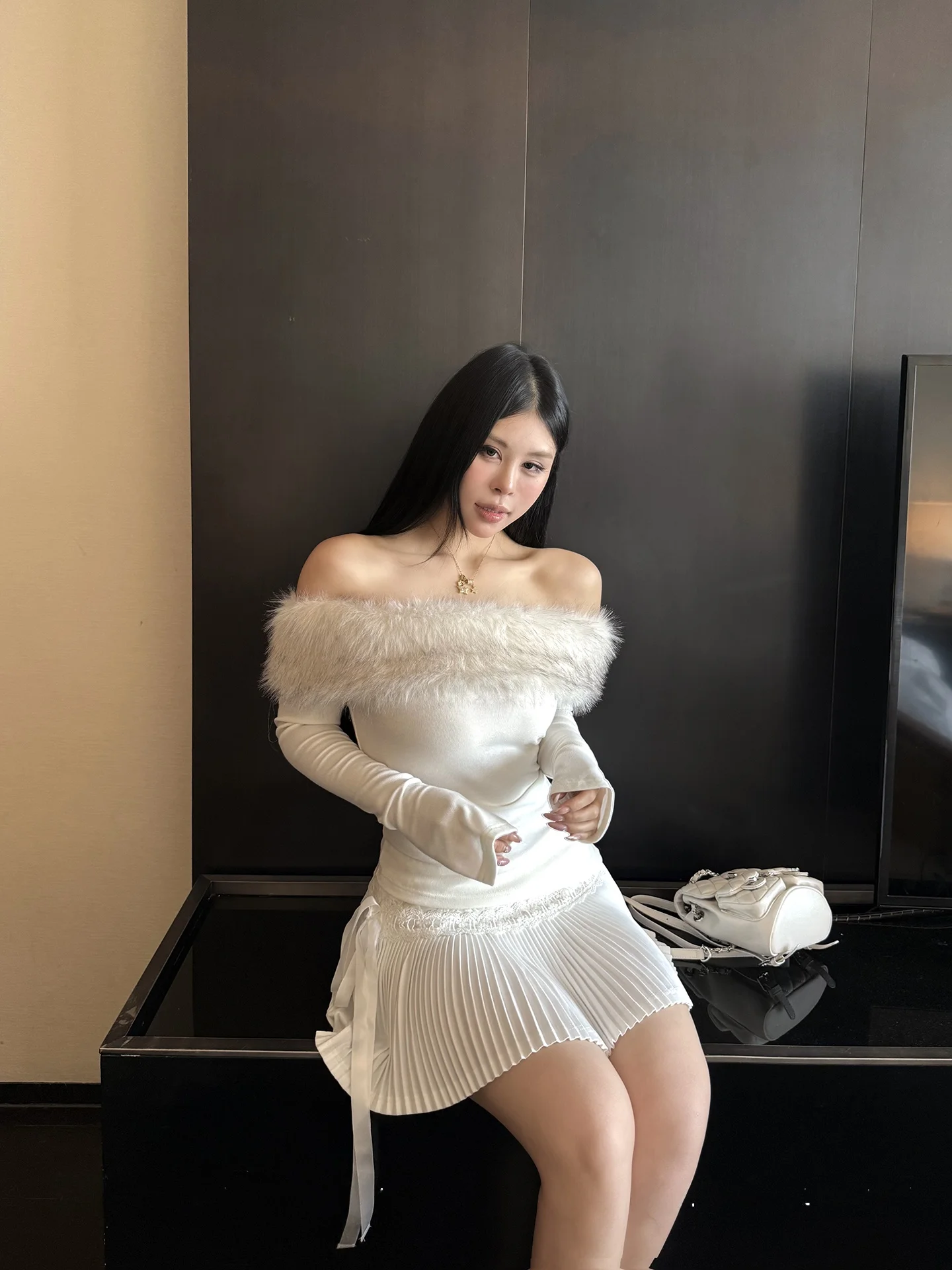 

Slimming Knitwear oulder Bared Waist Cinched Faux Fur Collar Women's Faion Ele Sle Long Sve Breathable Comfortable