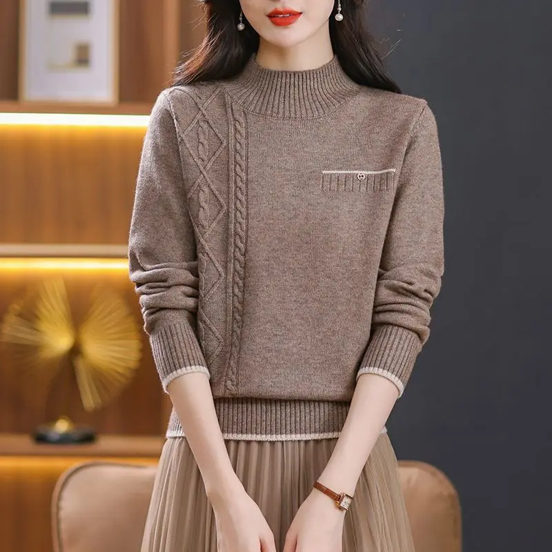 

Женская одежда контрастного цвета, осенне-зимний пуловер, свитер с длинными рукавами и вязаными карманами, повседневные элегантные топы с круглым вырезом