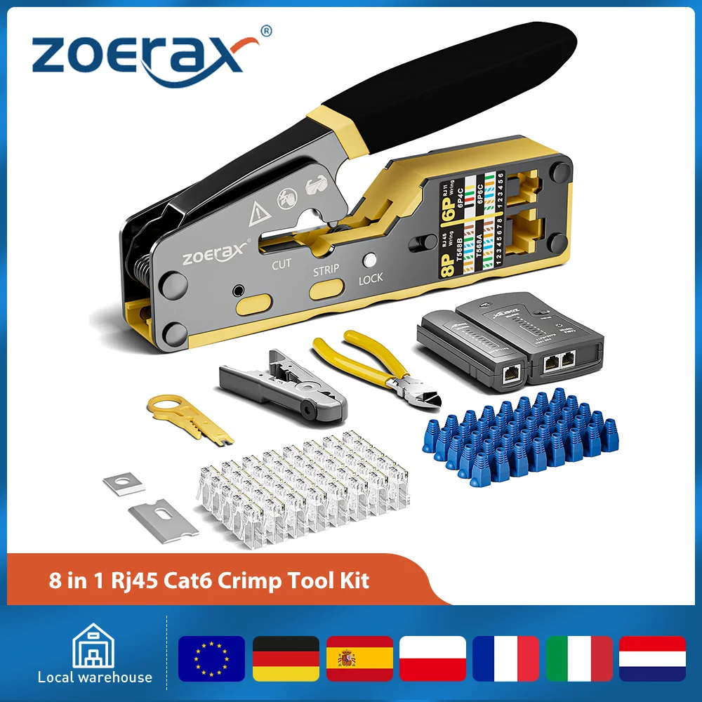 ZoeRax 8 in 1 RJ45 Cat6 Cat5e Crimp-Werkzeug-Set, Crimpwerkzeug, Kabeltester, Drahtschneider, Klingen, 50 Stück Cat6-Steckverbinder und Stiefel