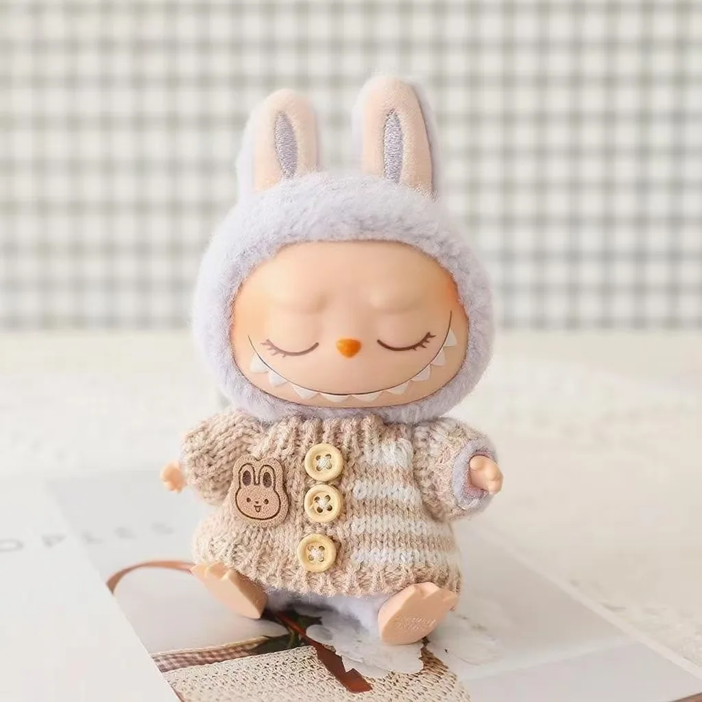

For Cute Labubu Bunny Doll Accessories with Knitted Clothes Rabbit Ears Hat Heart Sweater for Toy Collectors Clothes
