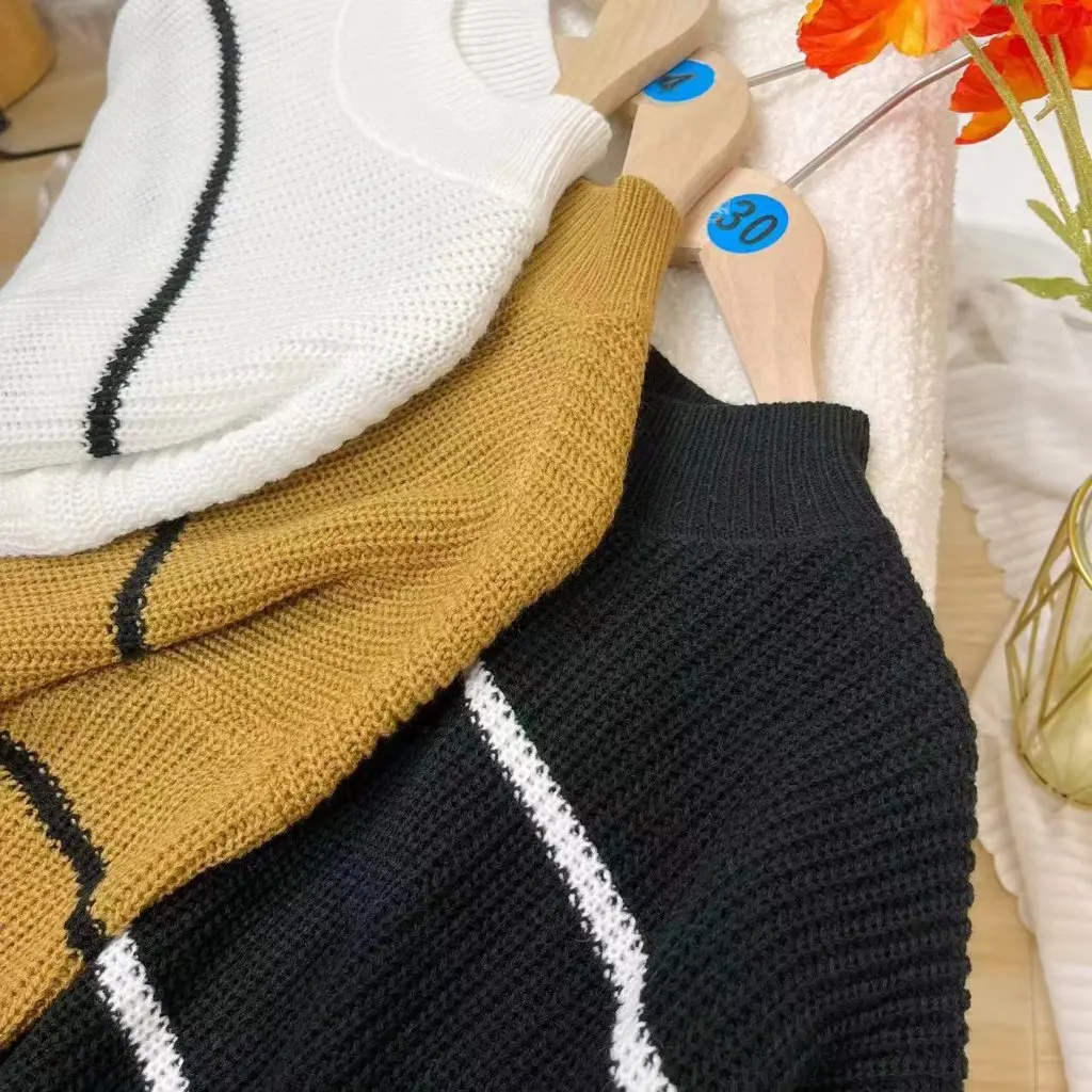 

Semi-High Collar Long Sleeve Striped Knitted Sweater Casual Loose Pullover for Women European And American Style