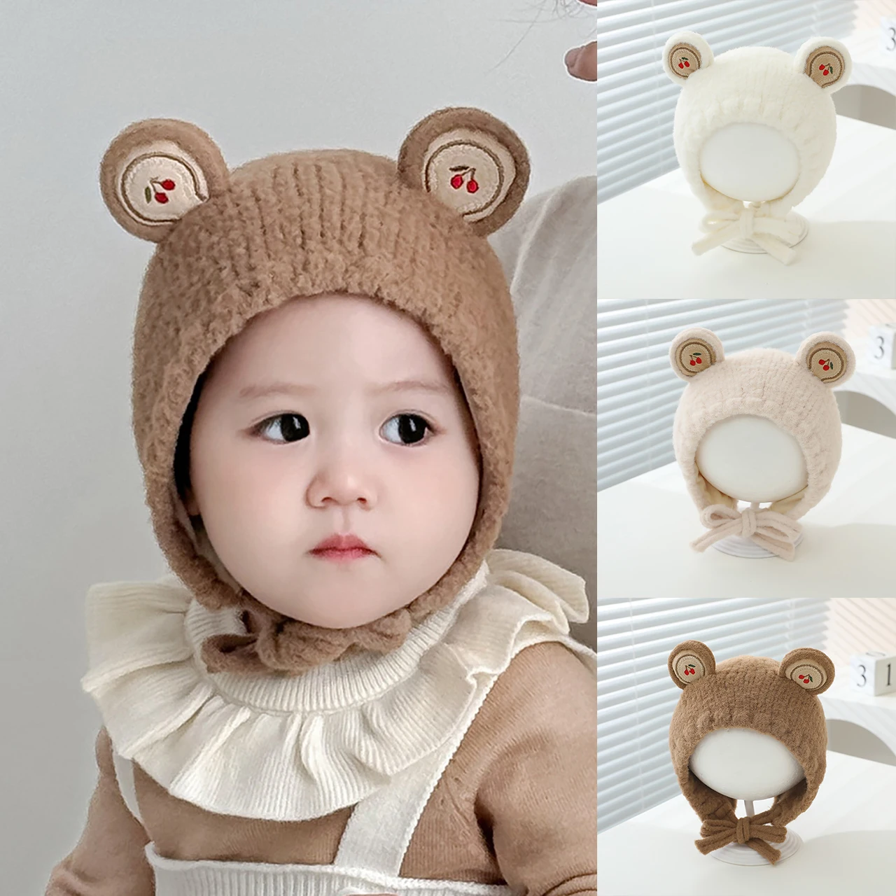 Autumn Winter Baby Knitted Hat Cute Ear Warm Plush Infant Boy Girl Ear Protection Cap Windproof Kids Lacing Beanie Bonnet view 3