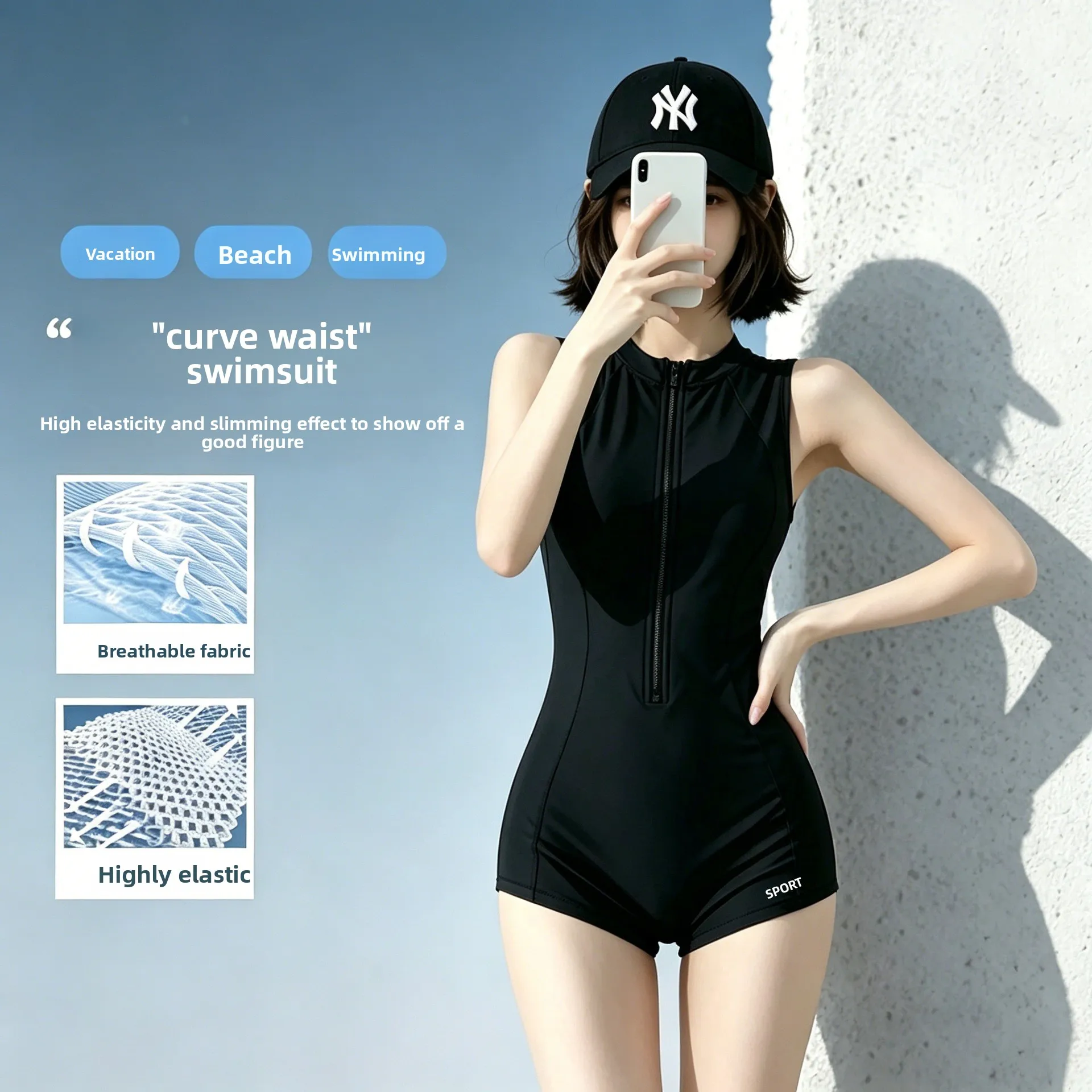 Women Boyleg Swimsuit 2026 New Summer Tummy Control Slimming Front Zipper One Piece Modest Swimwear
