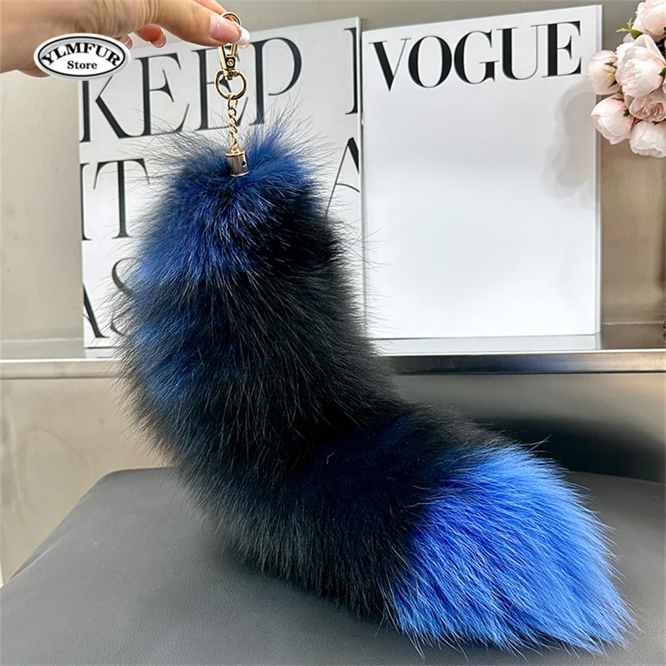 natural fox tail keychain furry 2024 chic y2k fox fur   keyring Car accessory length 40 cm furry fur tail keychains For Women