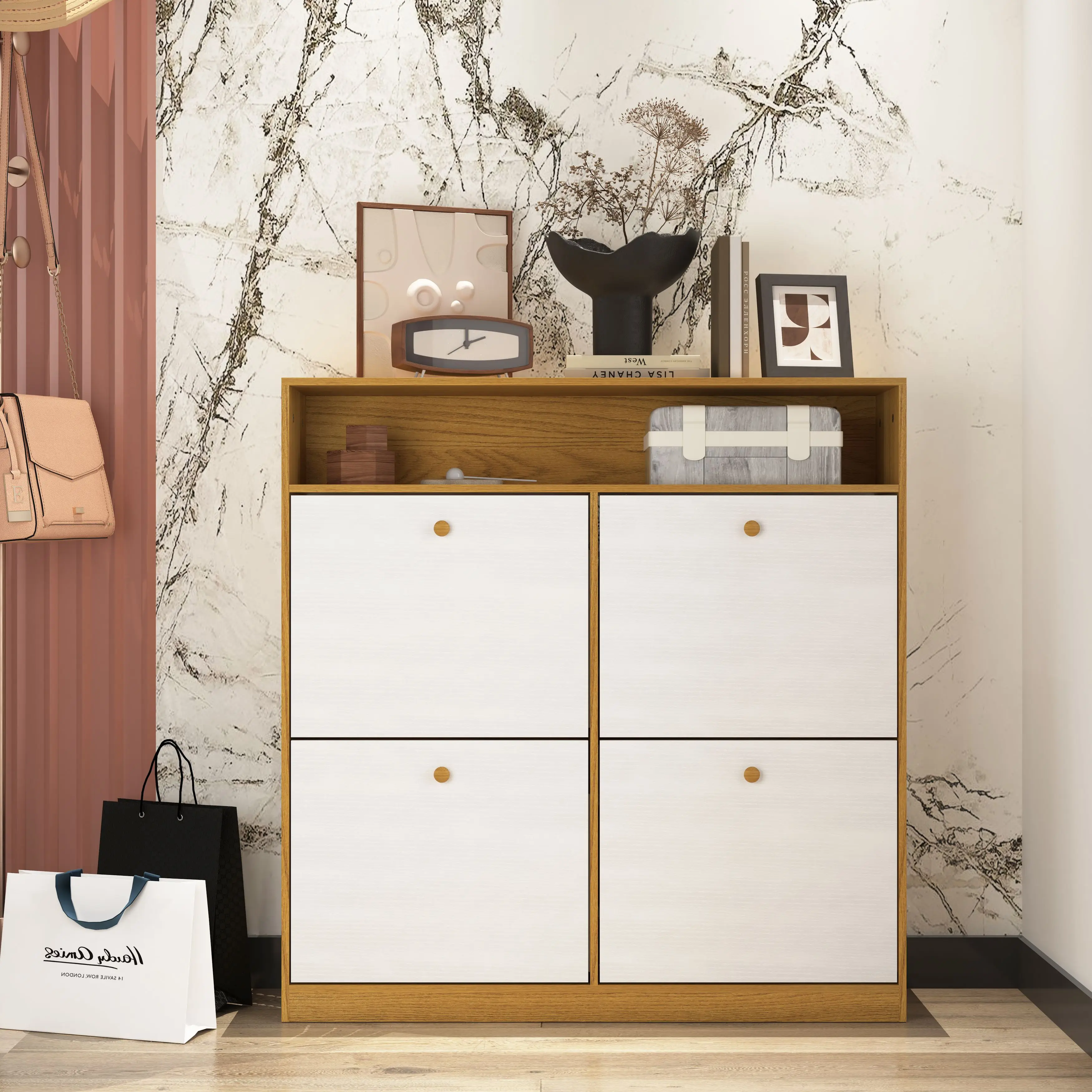 DB Freestanding Shoe Cabinet Storage with 4 Flip Drawers and Wooden Handle Convertible Shoe Rack Organizer