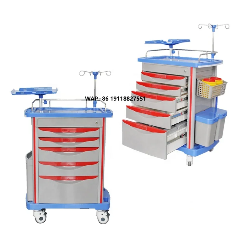 Hospital Abs Plastic Medicine Crash Cart Emergency Trolley Medical Emergency Cart Trolley with IV Pole
