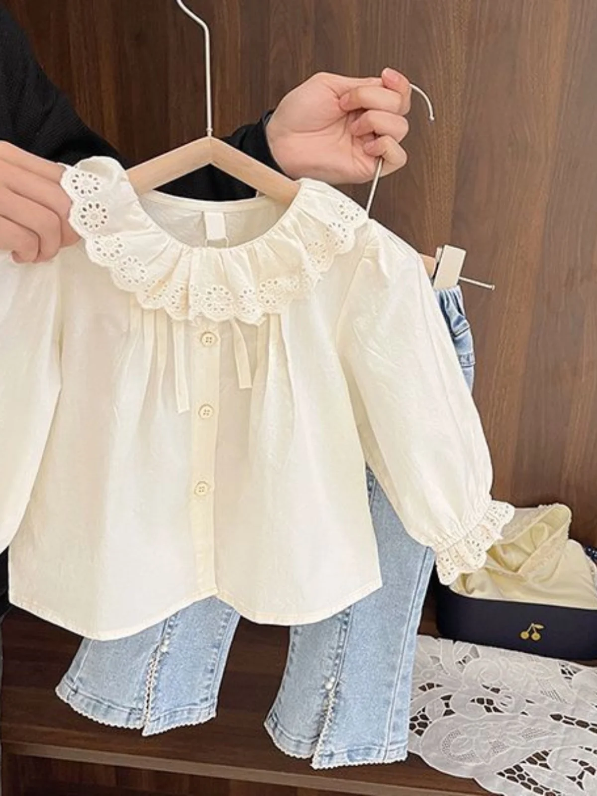 

Girls Long Sve Pure Color irt Spring Autumn Floral Collar Children's Faionable Clothing Sweet Sle Other Material