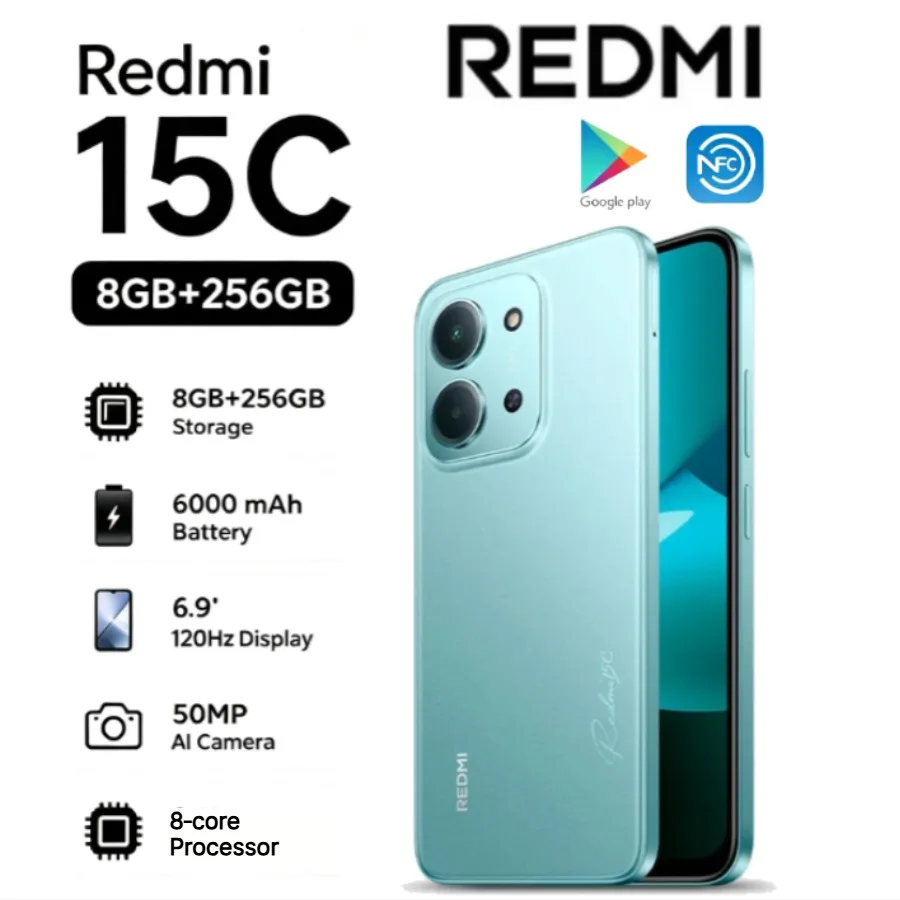 2026 New Redmi 15C Global Edition Redmi 15C 5G 8+256GB Smartphone: Features a 6.9-inch display and a 50MP camera for sharper pho