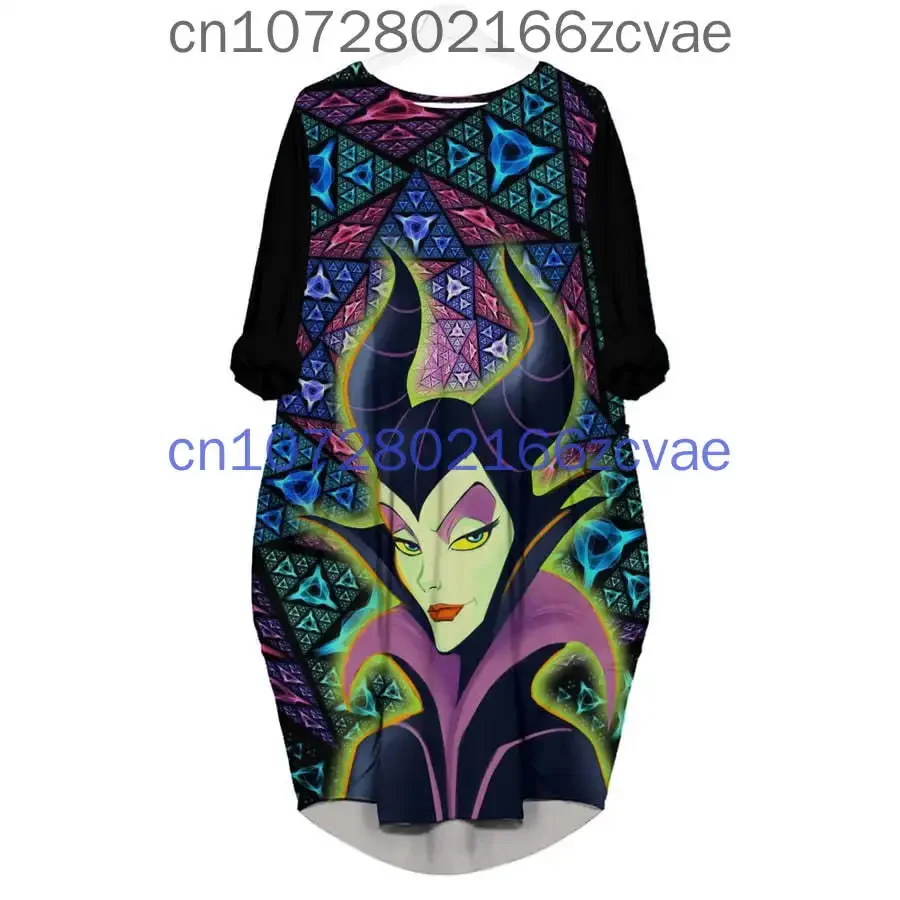 

Summer Disney Maleficent Women's Batwing Pocket Dress New Fashion Street Dress Y2K Loose Casual Long sleeved Women's Dress