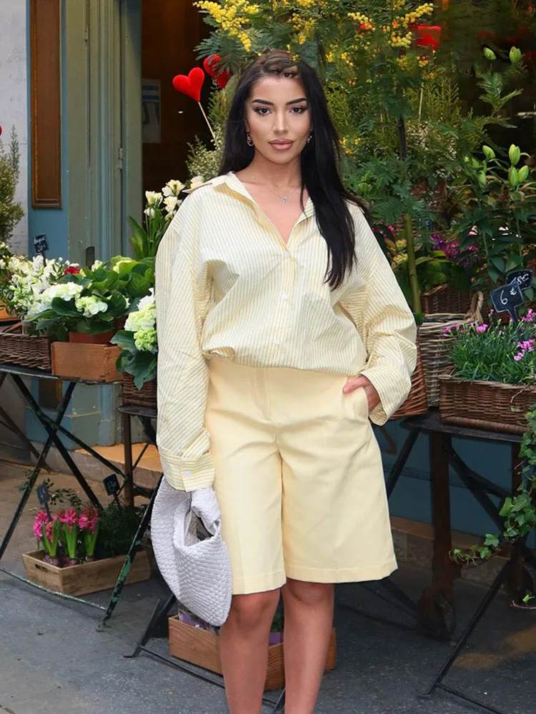 

HH женская элегантная пригородная рубашка, свободная полосатая однобортная блузка с лацканами, женский весенний повседневный топ с длинными рукавами