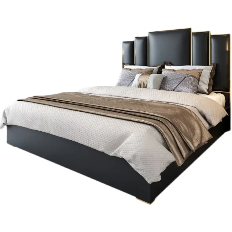 

Light luxury bed Italian double leather art bed with high backrest master bed