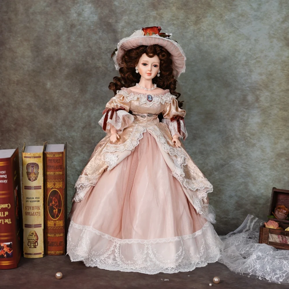 Cloveray Oryginalna 22-calowa Realistyczna Lalka Porcelanowa Victoria Retro Lalka Ceramiczne Ruchome Elementy Ciała Materiałowy Korpus Wysokiej Jakości Kolekcjonerski Prezent Artystyczny