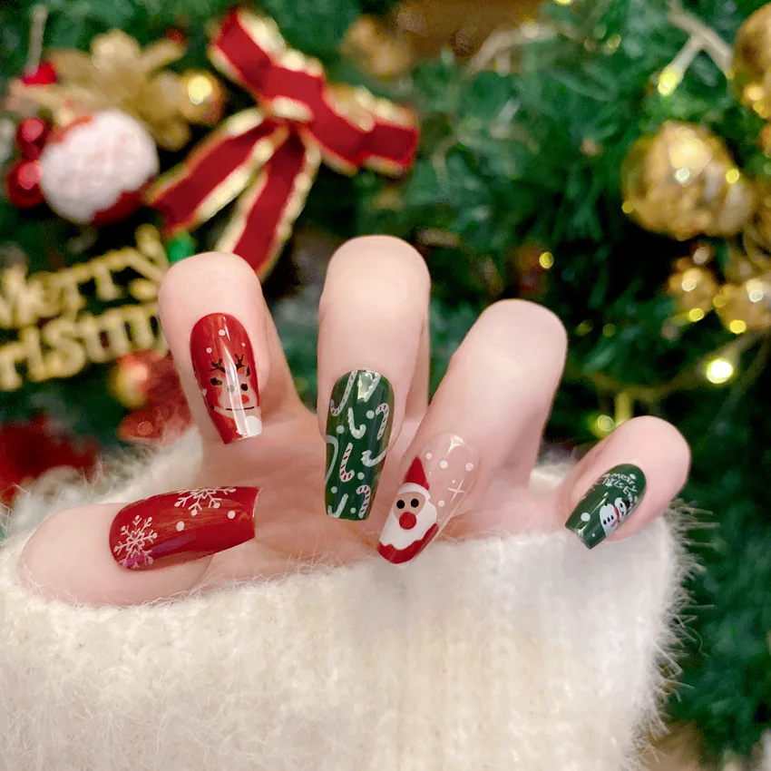 Uñas postizas de dibujos animados de Navidad, uñas postizas de antílope de Navidad, lindo Año Nuevo, invierno, cálido, burgundy, nuevo