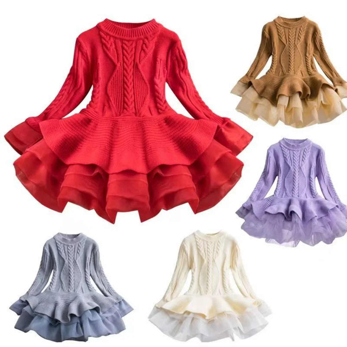

European And American Autumn Children's Clothing Knitted Long Sleeved Girls' Princess Sweater Fluffy Skirt