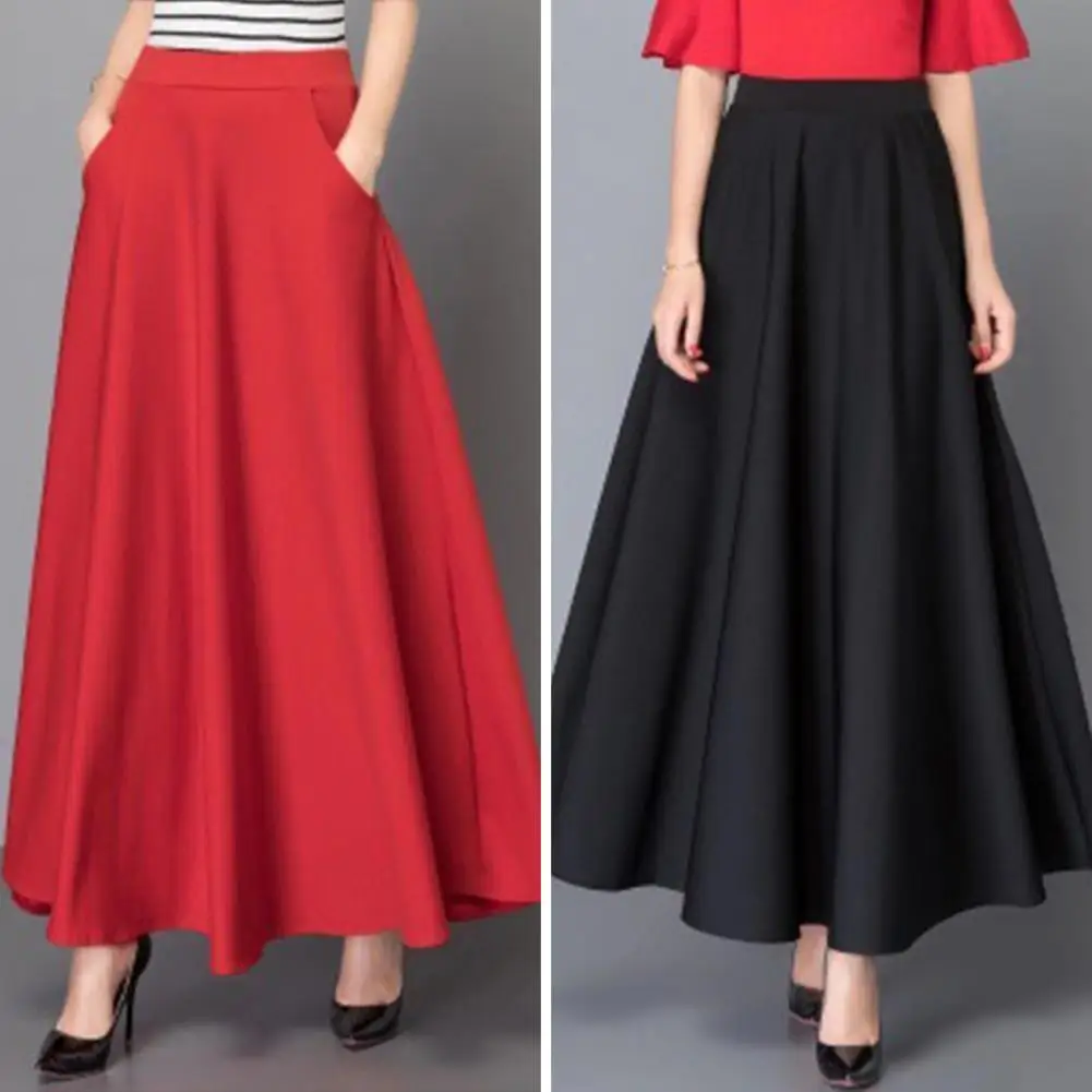 

Hem Skirt Stylish High Waist Maxi Skirt with Tummy Control A-line Silhouette Pockets for Elegant Women Ankle Length Soft