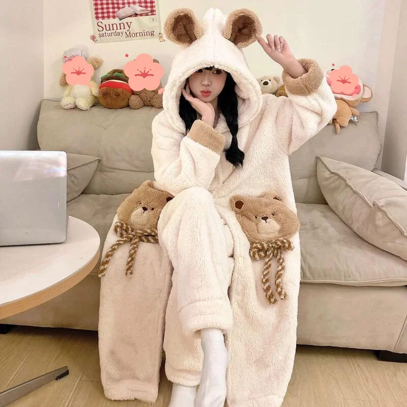 

Women's pajamas Comfortable Sleepwear Cotton Pajama Set winter autumn Coral Fleece Korean Bear Robe Long Thick Flannel Home Suit