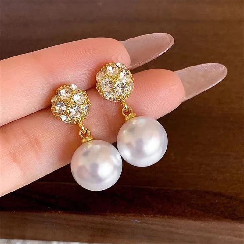 New Hemispherical Surface Crystal Imitation Pearl Pendant Earrings for Women Minimalist Gold Color Ear Jewelry Hiphop Girls Gift