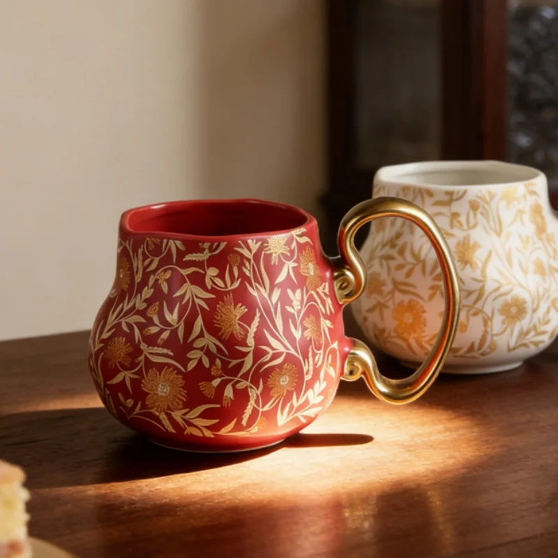

Vintage Floral Ceramic Mug With Gold Trim Coffee Cup For Home Office Breakfast Drinking Water Cup Couple Gift For Friends Family