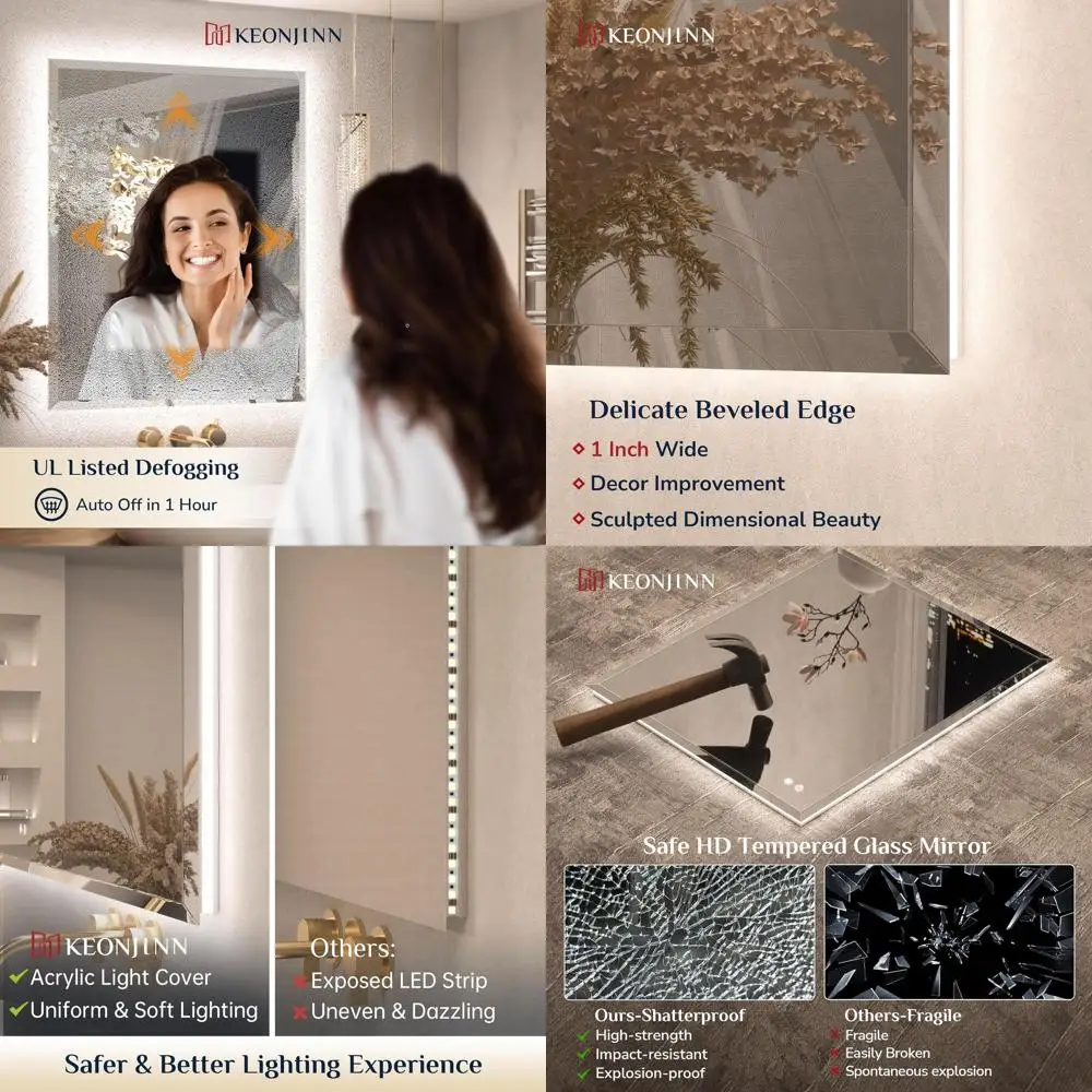 

24x40 Inch Frameless Backlit LED Bathroom Mirror, Tempered Glass, 3-Color Lighting, Defog, Decorative