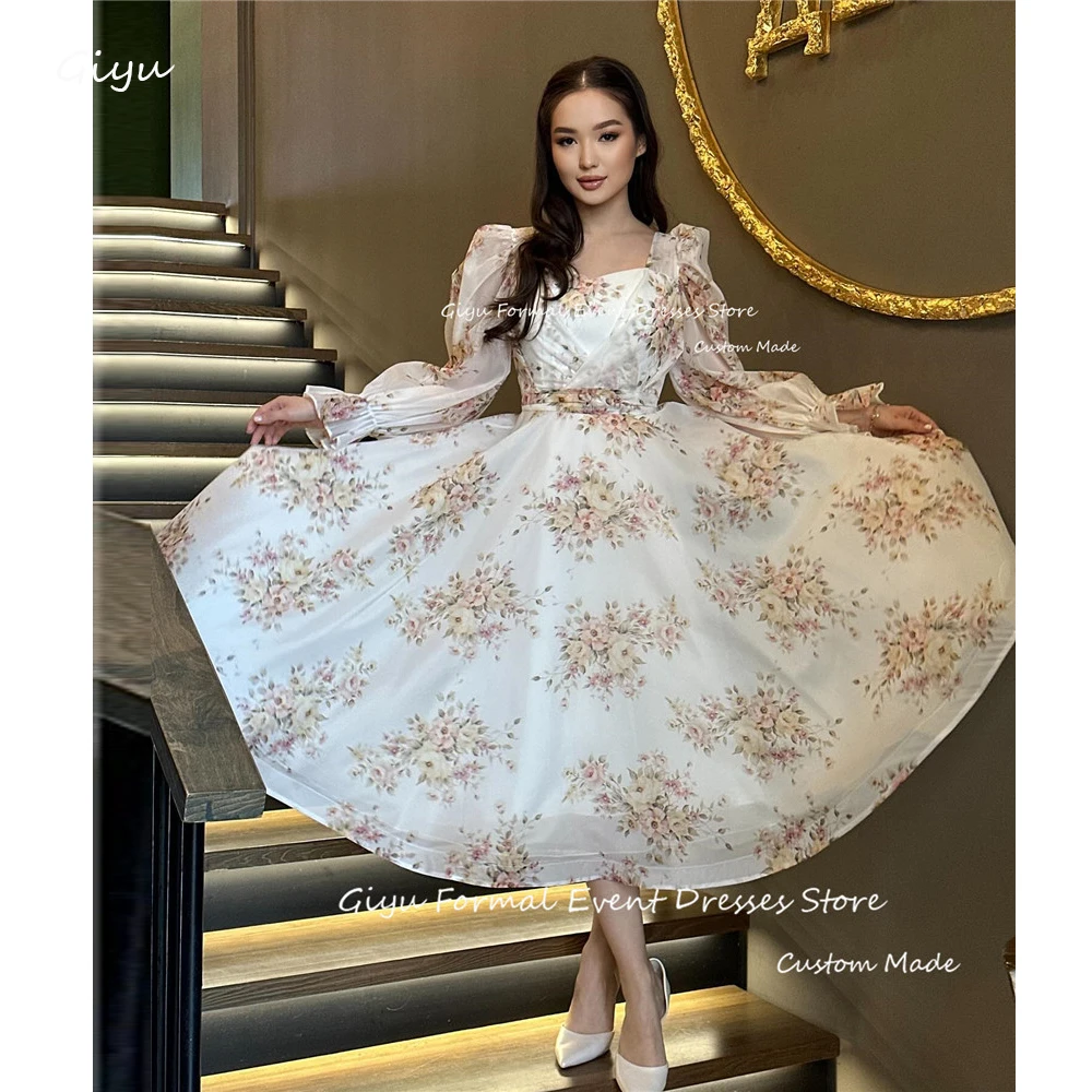 

Giyu Vintage Printed Evening Dresses Korea Birthday Dress Formal Party Dress Long Sleeves Vintage Tea Length Prom Gowns