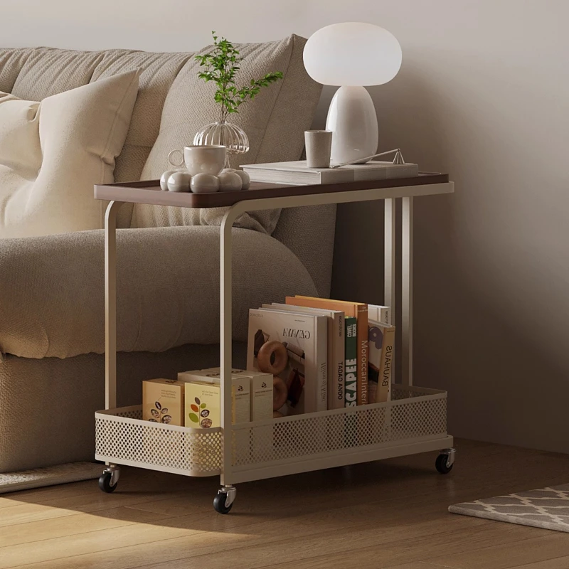 

‌ Кремовый приставной столик для гостиной, мобильный столик для дивана, водонепроницаемая тележка для хранения, стильный домашний органайзер на колесах