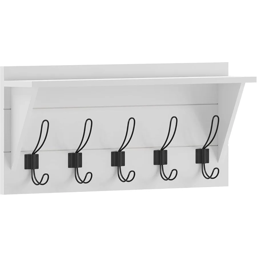 

HBCY Creations 24" Wall Mounted Storage Rack - Pine Wood Construction - Solid White Finish - Upper Storage Shelf - 5 Hooks - Id