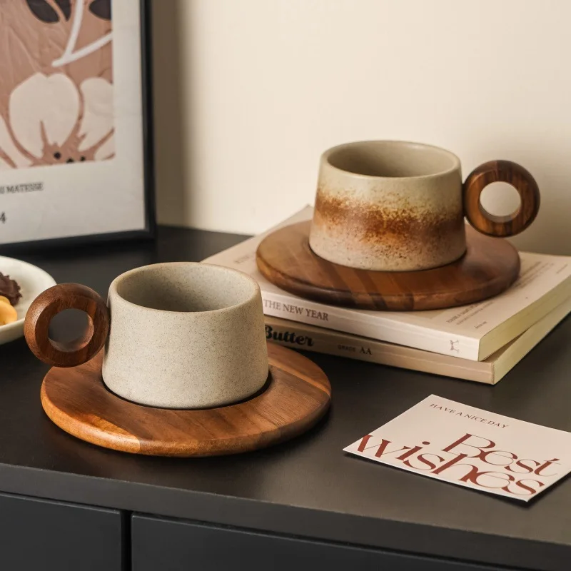 Creative Rustic Ceramic Coffee Cup with Wooden Saucer Artistic Natural Wood Ceramic Tea Cup Office Drink Mug Couple's Water Mug