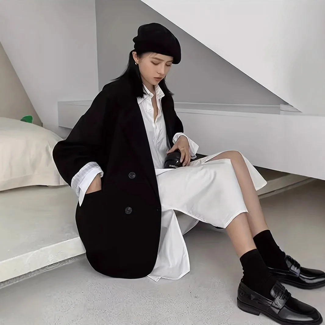 أزياء المرأة مع جيوب الصلبة مزدوجة الصدر السترة خمر طويلة الأكمام محززة الرقبة الإناث مكتب سيدة وتتسابق