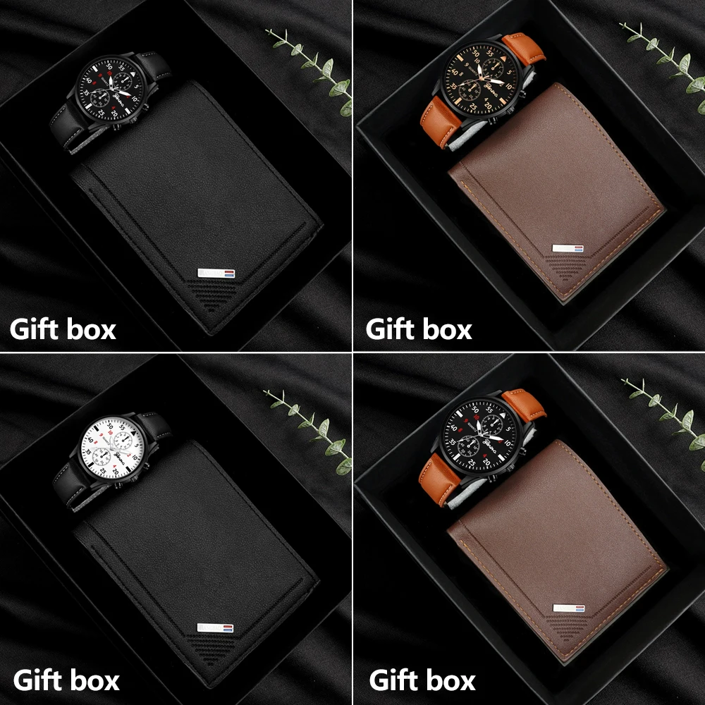 

2 Pieces Men's Gentleman Elegant Fashion Business PU Leather Strap Watch Set, Wallet + Watch [Gift Box]