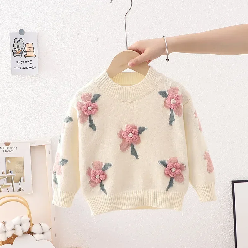 3-8 year old children\'s clothing autumn  winter new girl cute little flower baby knitted pullover children\'s sweater base shirt