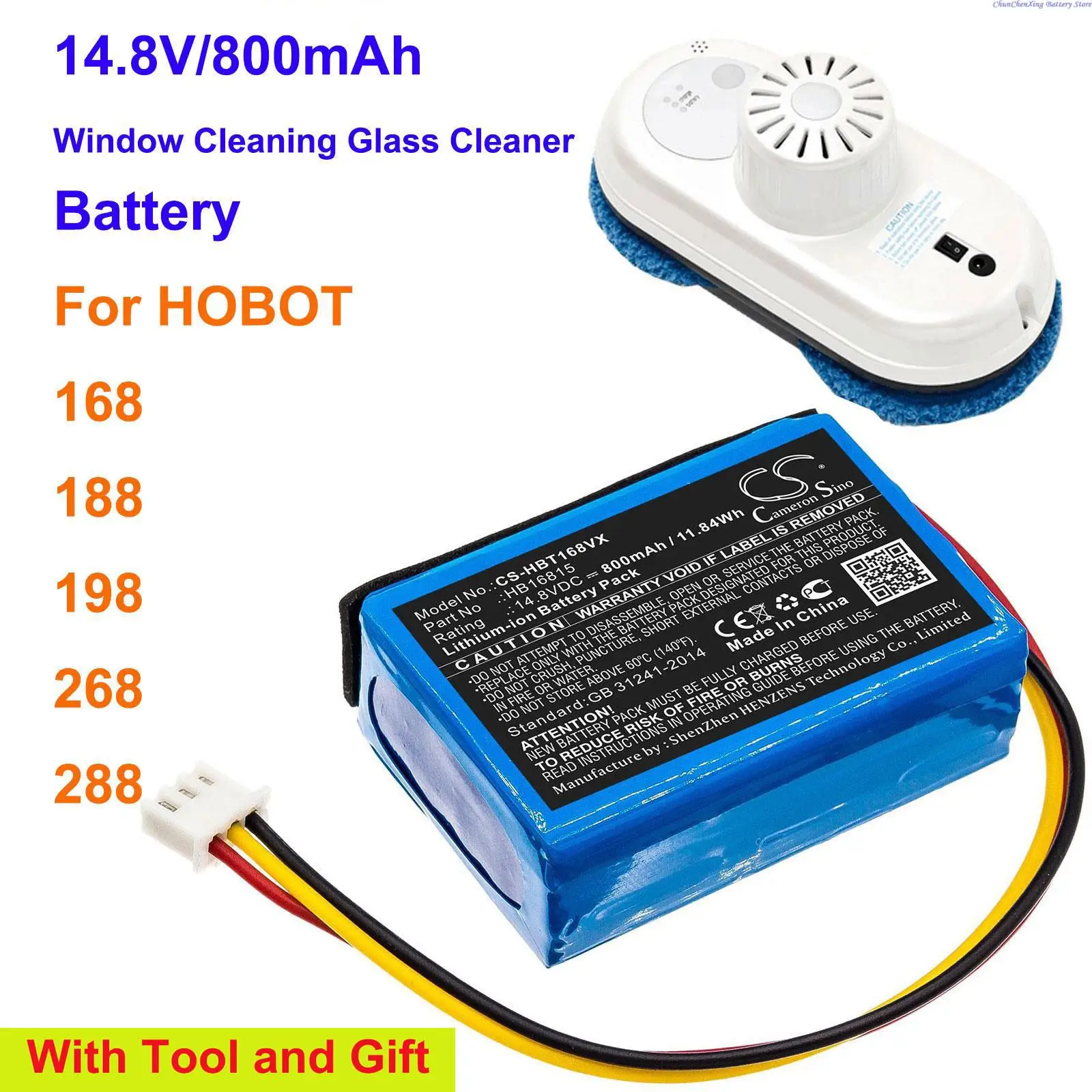 

Cameron Sino 800mAh Glass Cleaning Robot Battery HB16815 for HOBOT 168, 188, 198, 268, 288 + replace tool and gifts