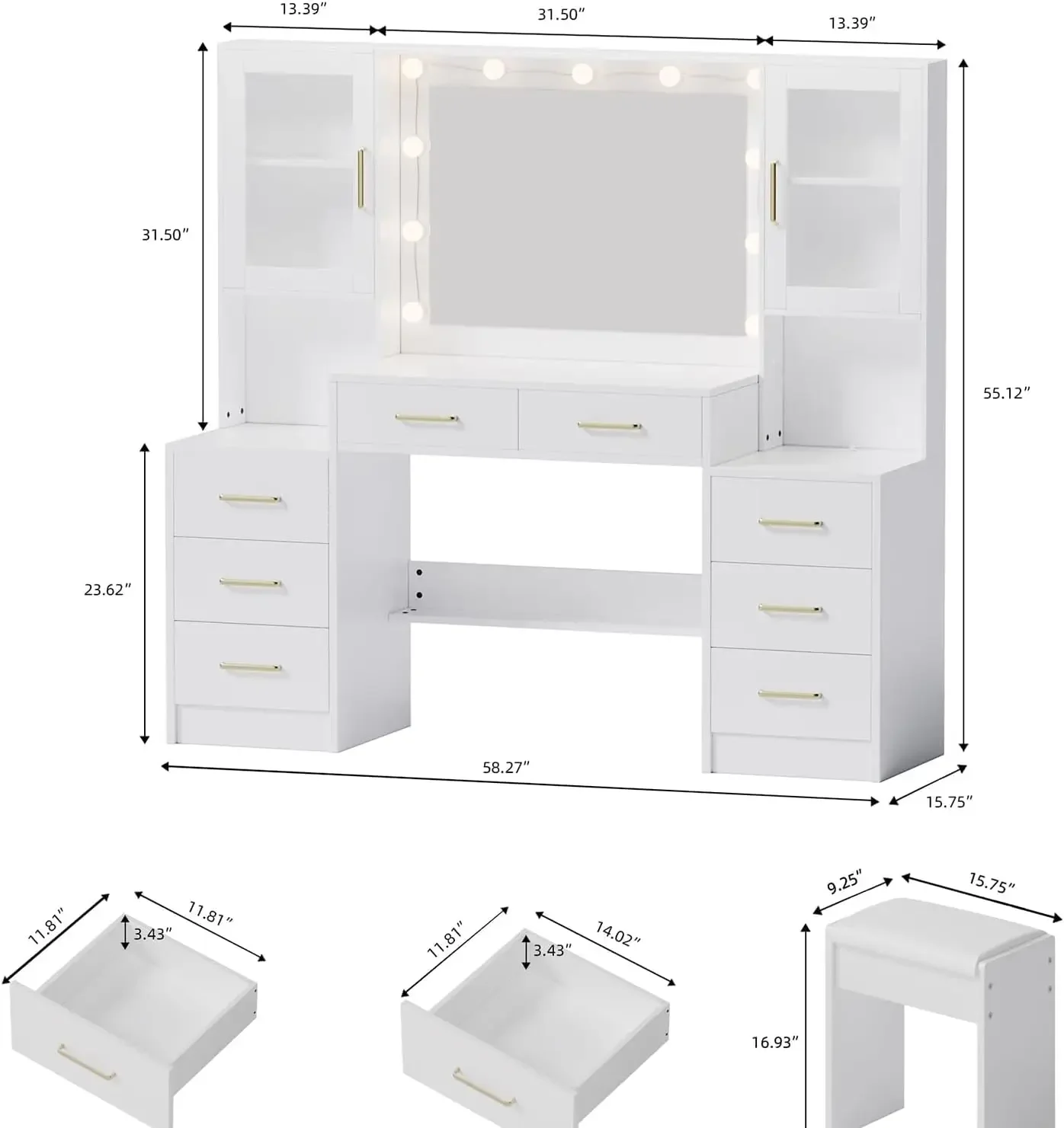 Vanity Desk with Mirror and Lights Charging Station  Lighting Modes Makeup Table with 8 Drawers and Cabinets