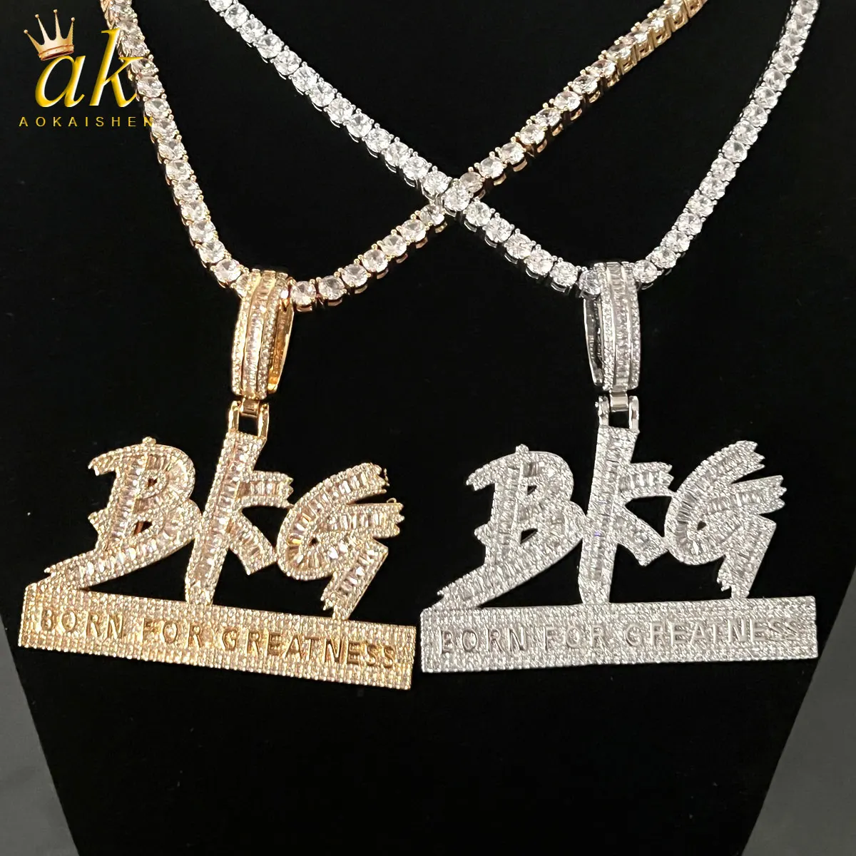 

Aokaishen Iced Out Pendant for Men Born for Greatness Necklace Prong Setting Double Color Hip Hop Jewelry