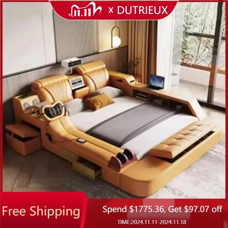 

Nordic Luxury Bed Frame Aesthetic King Size Wood Modern Double Bed Frame Leather Multifunctional Cama Casal Room Furniture