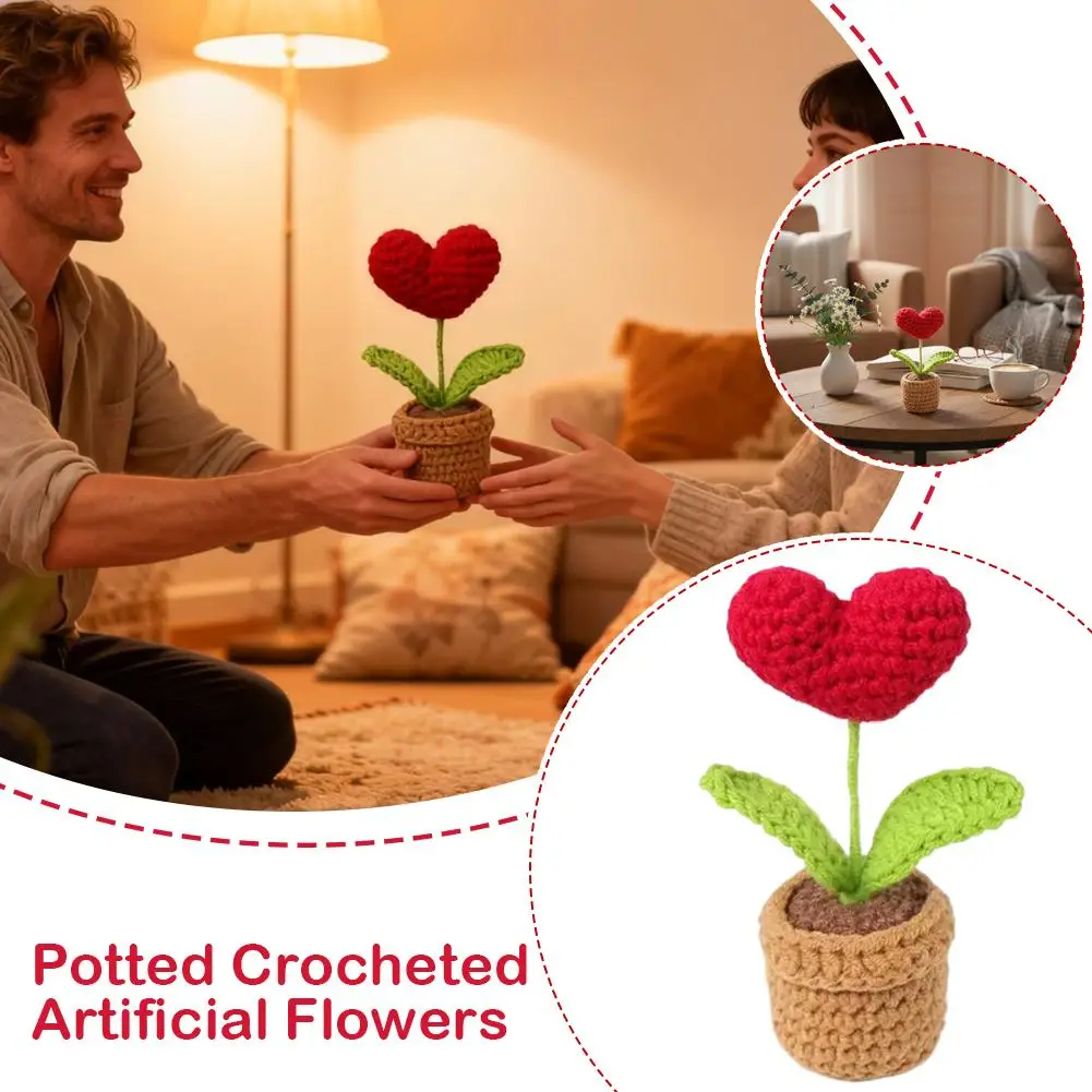 Haken Gewebt Fertig Simulation Blume Topf Desktop Dekoration Für Home & Office Kreative Rote Blume Topf Ornament Paar Geschenk