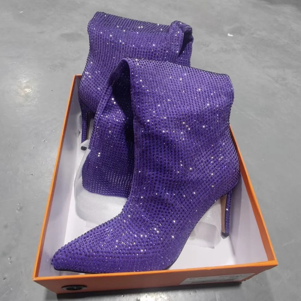 Botas de strass altas para mulheres, estiletes de tubo confortáveis, cristal diamante, tamanho grande